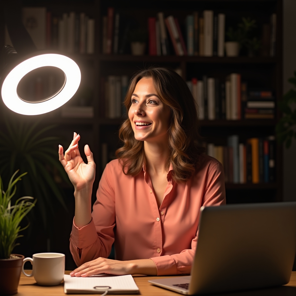 Žena vede online webinář o financích z domácí pracovny